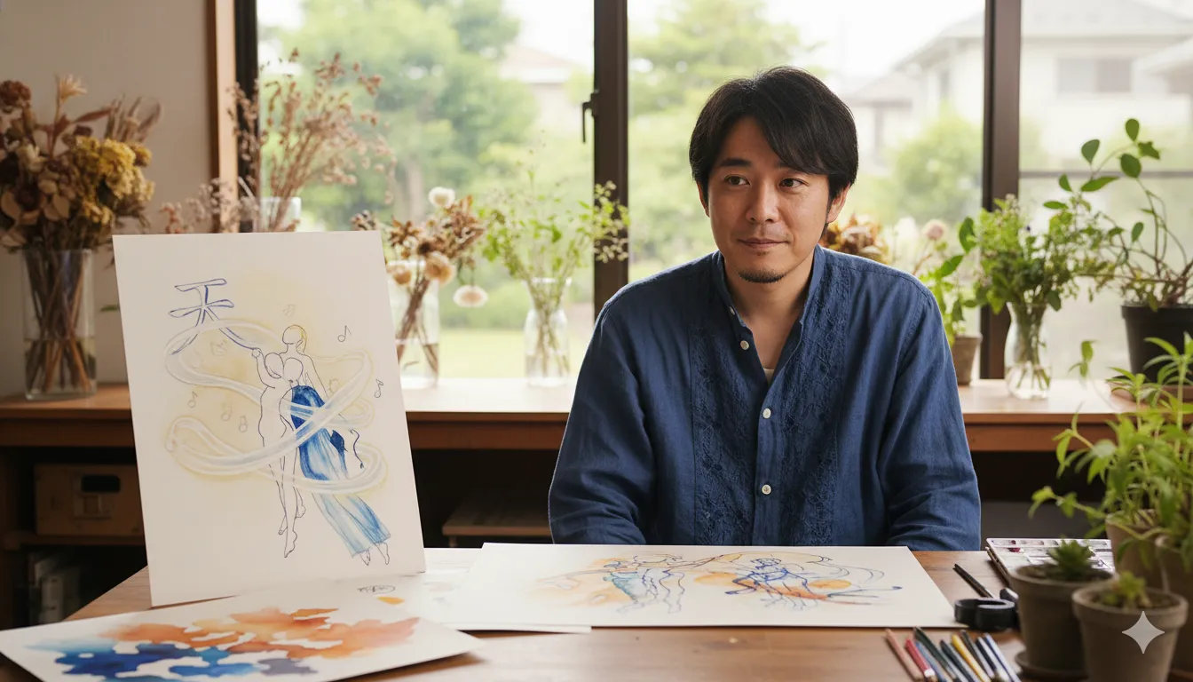 アトリエで絵を描く男性の抽象的なイメージ。窓から光が差し込み、机には水彩画の道具と、芸術的なタッチで描かれた人物画が数枚置かれている。