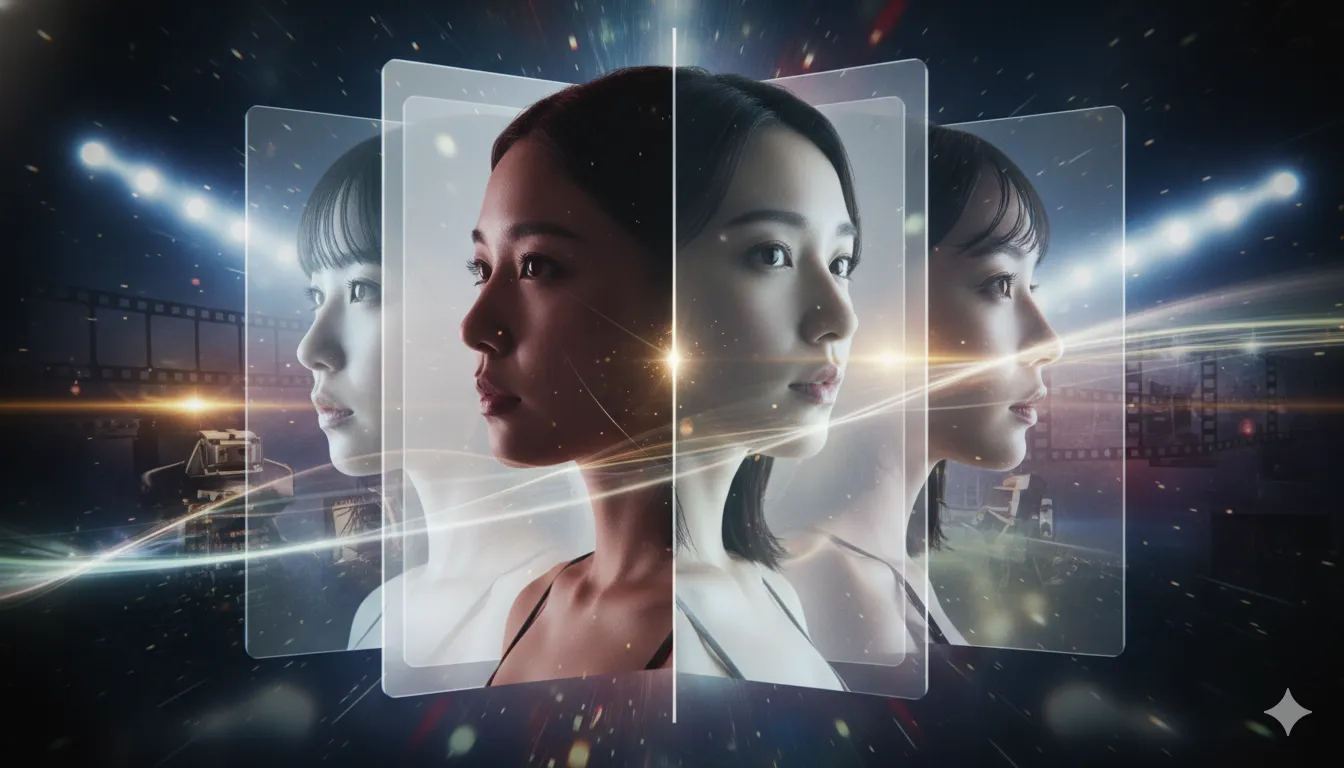 複数の異なる表情やスタイルの女性の顔が並び、女優としての多様な役柄を表現しているイメージ