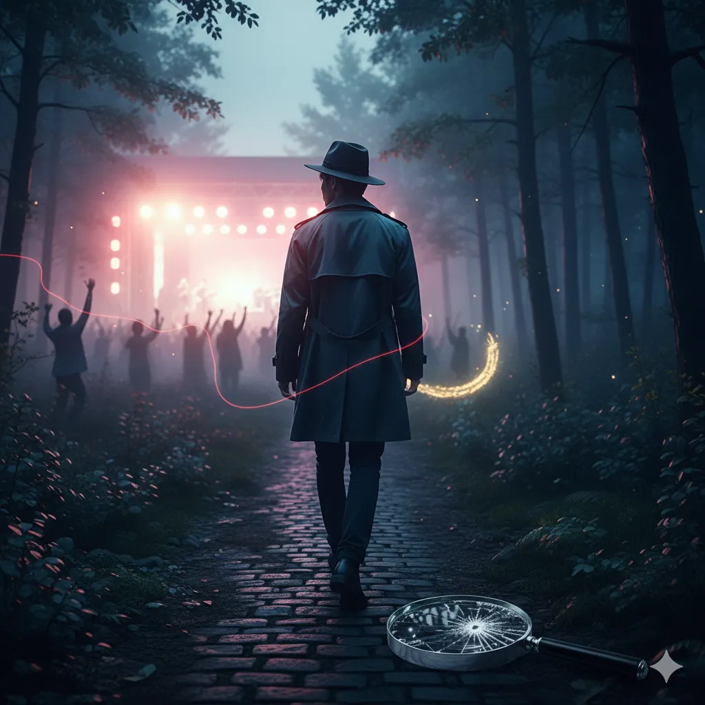 神秘的な森の小道を進むトレンチコートを着た人物の背中。道の先には明るい光を放つステージと観客がおり、足元には割れた虫眼鏡が落ちている。