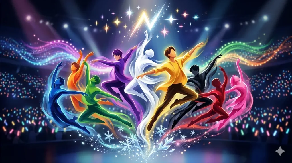 9色の光を纏い、雪の結晶が舞うステージでダイナミックに踊る9人の日本人男性パフォーマーの抽象イラスト。Snow Manのメンバーカラーと結束力を表現したビジュアル。