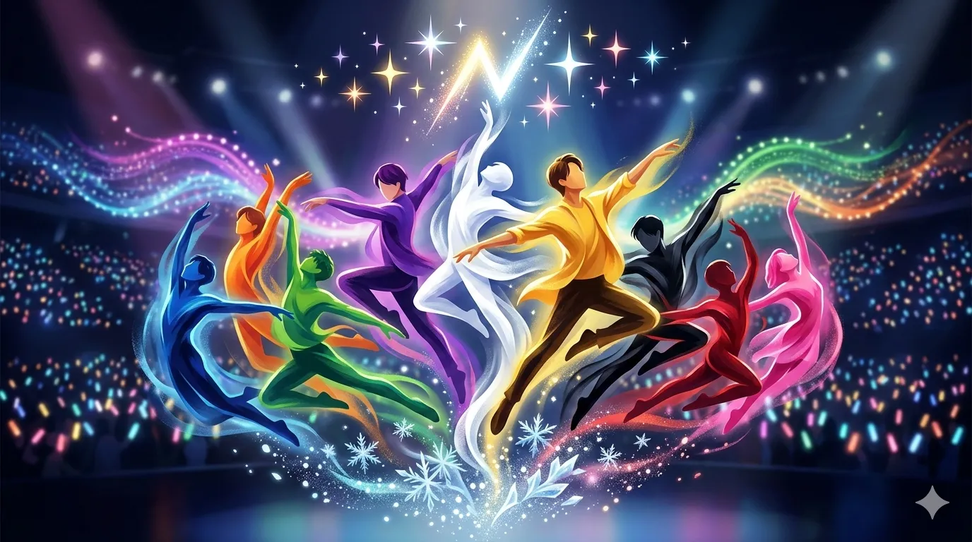 9色の光を纏い、雪の結晶が舞うステージでダイナミックに踊る9人の日本人男性パフォーマーの抽象イラスト。Snow Manのメンバーカラーと結束力を表現したビジュアル。