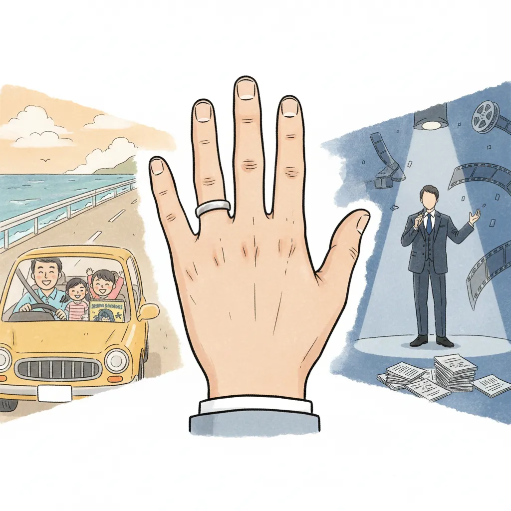 家族旅行の車内で笑顔の父親と子供たち、そしてスポットライトを浴びて演技をする俳優の姿が描かれたイラスト。手前の指輪をはめた手が、結婚と仕事の間で揺れる心情を象徴している。