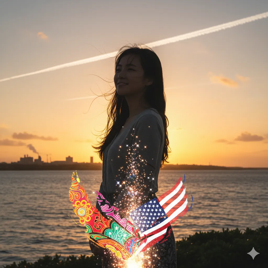 夕暮れの海辺に立つ若い日本人女性のシルエット。彼女は穏やかな表情で水平線を見つめており、その体からはきらめく光が放たれ、アメリカ国旗と沖縄の伝統的なデザインのモチーフが融合した抽象的な羽根が伸びている。これは彼女の多文化的なルーツと、未来への希望を象徴している。