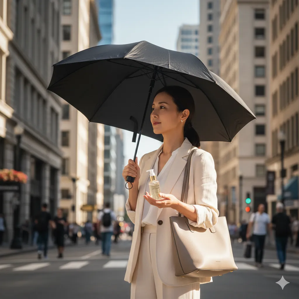 都心のオフィス街で日傘をさし、美容液のボトルを持つ女性の画像。女性は白いスーツを着用し、ベージュのハンドバッグを肩にかけている。背景には高層ビルが立ち並び、多くの人々が歩いている。