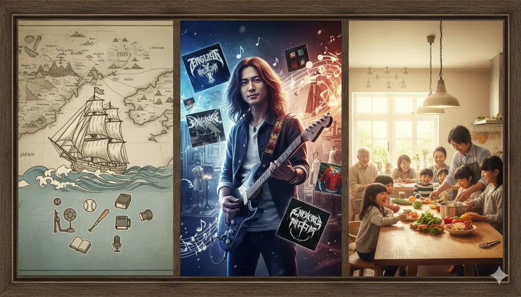 谷原章介さんの人生を象徴する3つのイメージが連なるコラージュ。左は航海図と船、野球道具、本やマイクのイラスト。中央はギターを弾くロックミュージシャンの男性と飛び交う音符、ヘヴィメタルバンドのアルバムジャケット。右は、大家族がリビングで楽しそうに料理をしている様子。