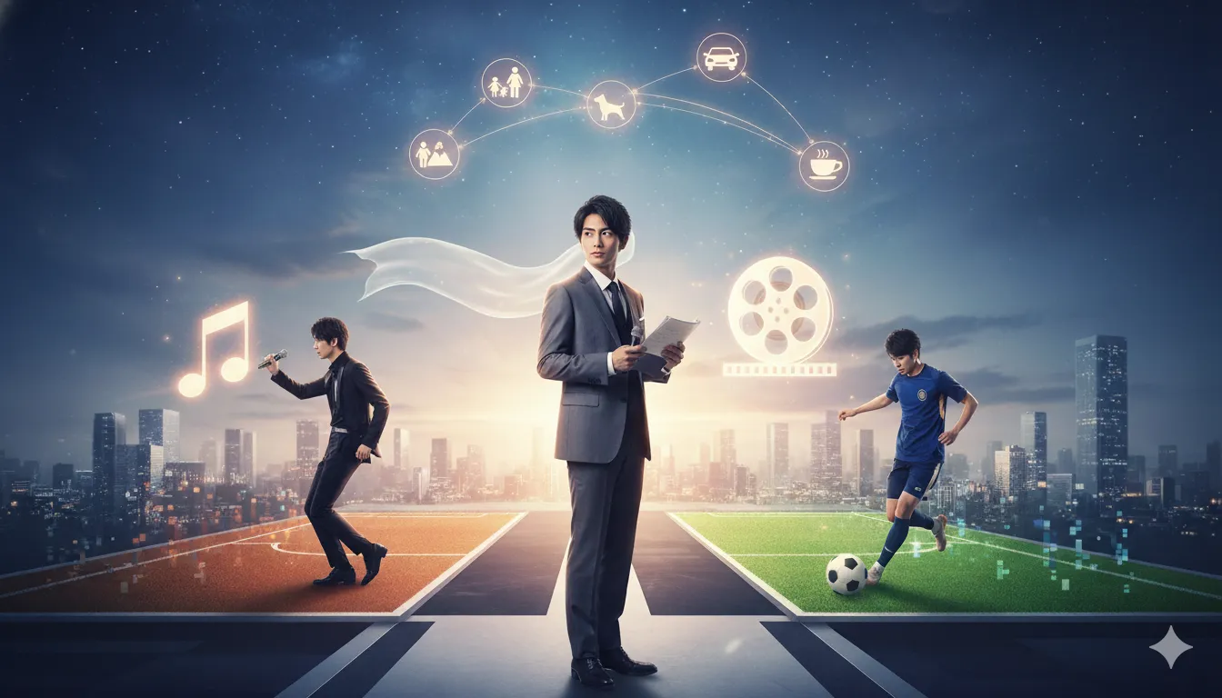 男性がスーツ姿で書類を持ち、右側にはサッカーをする少年、左側にはマイクを持つ男性が立つ。上空には家族、車、犬、コーヒーなどのアイコンが繋がり、都会の夜景を背景に、エンターテインメントとスポーツ、プライベートのバランスを表現した抽象的なイメージ。