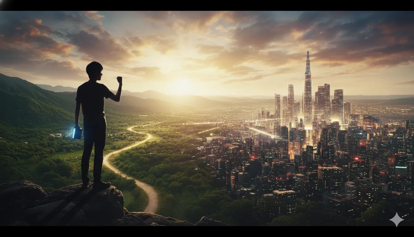 豊かな自然に囲まれた山頂に立つ男性のシルエットが、夕焼けに照らされた都市と未来を眺めている。