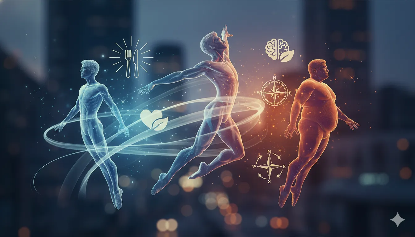 体型の変化と健康的なライフスタイルを象徴する抽象的なイラスト。左から、スリムな体型、バランスの取れた健康的な体型、少しふっくらした体型という3つの異なる体型の人物が、都市の夜景を背景に浮かんでいる。それぞれの人物の周りには、食事、運動、心身の健康、方向性といったテーマを表すアイコンが光の軌跡とともに描かれている。