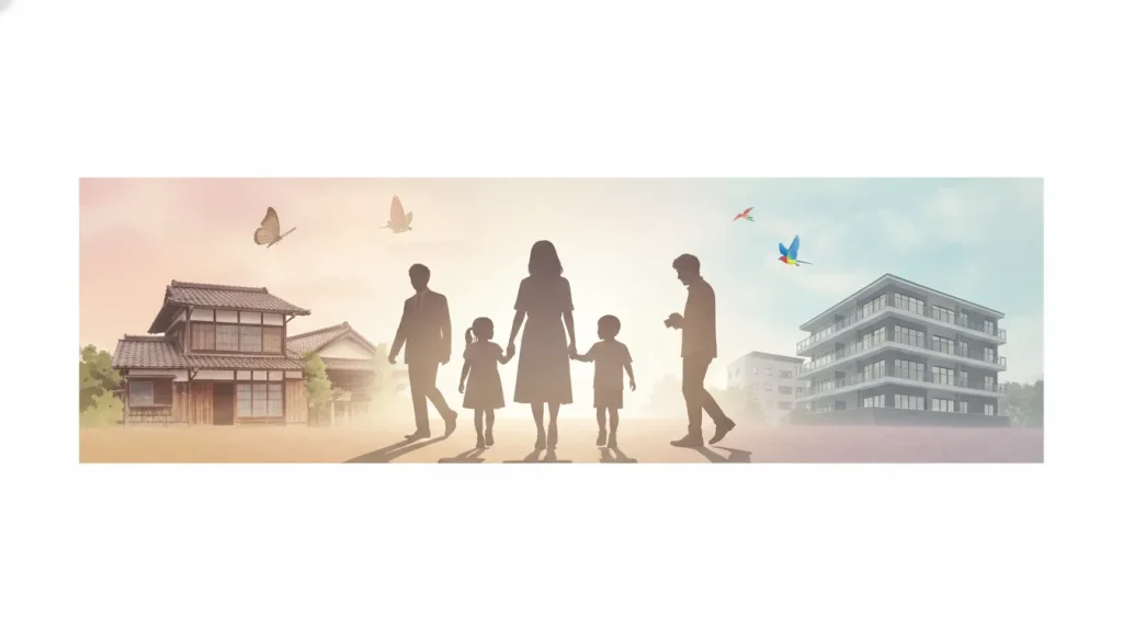 代替テキスト: 昔ながらの日本家屋と現代的なマンションを背景に、家族の多様な形態を象徴する複数人のシルエットが描かれている。手前には手を繋ぐ母親と二人の子供、その両脇を歩く二人の男性のシルエットがあり、異なる家族の関係性や時間の流れ、そして変化する住環境を穏やかな色彩で表現している。