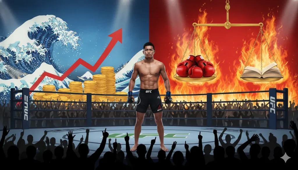 総合格闘技のリングの中央に立つファイター。彼の背後には、日本の浮世絵風の波と、燃え盛る炎が描かれている。左側には積み重なったコインと上向きの矢印のグラフがあり、右側にはボクシンググローブと本が乗せられた天秤が描かれている。全体的に、成功と挑戦、そしてバランスを象徴するような構図になっている。