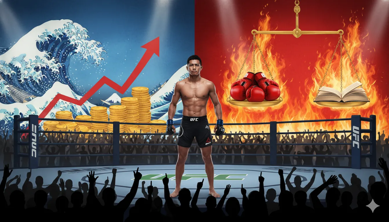 総合格闘技のリングの中央に立つファイター。彼の背後には、日本の浮世絵風の波と、燃え盛る炎が描かれている。左側には積み重なったコインと上向きの矢印のグラフがあり、右側にはボクシンググローブと本が乗せられた天秤が描かれている。全体的に、成功と挑戦、そしてバランスを象徴するような構図になっている。