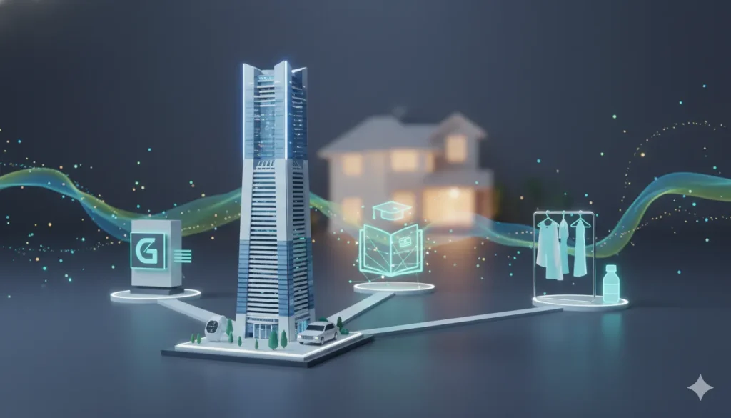 都会の高級住宅地と家族の絆を象徴する抽象的なイラスト。高層ビル、郊外の家、教育、ファッション、デザインなどの要素が光の線でつながり、家族の多様な成功と繋がりを表現している。