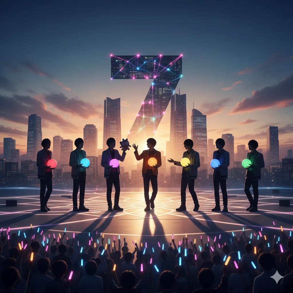 夕焼け空を背景にした都市のルーフトップステージで、7人の若者がそれぞれ異なる色の光る玉を持って立っています。中央の人物は特に明るい光を放ち、他の6人はその周りを囲んでいます。背景には高層ビル群と、ネオンの光で「7」の形を象った巨大な構造物が見えます。ステージの手前には、光るペンライトを持った大勢の観客が描かれています。画像全体は、グループの結束と個々の輝き、そして未来への展望を象徴するような、幻想的でポジティブな雰囲気を醸し出しています。