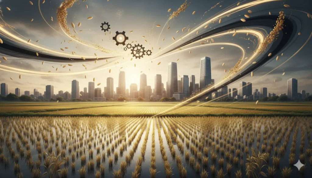 未来へ広がる水田とビジネスが融合する都市風景