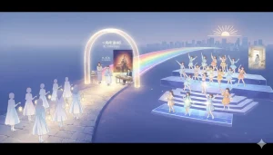 雲の上に架かる虹の橋を渡り、新しいキャリアへと進むアイドルたちを描いたイラスト。左側では、グループを卒業したOGたちが女優や作家、キャスターとしてそれぞれの分野で活躍する様子が描かれ、右側では、現役メンバーがステージでパフォーマンスを披露し、未来へ向かって輝いている。