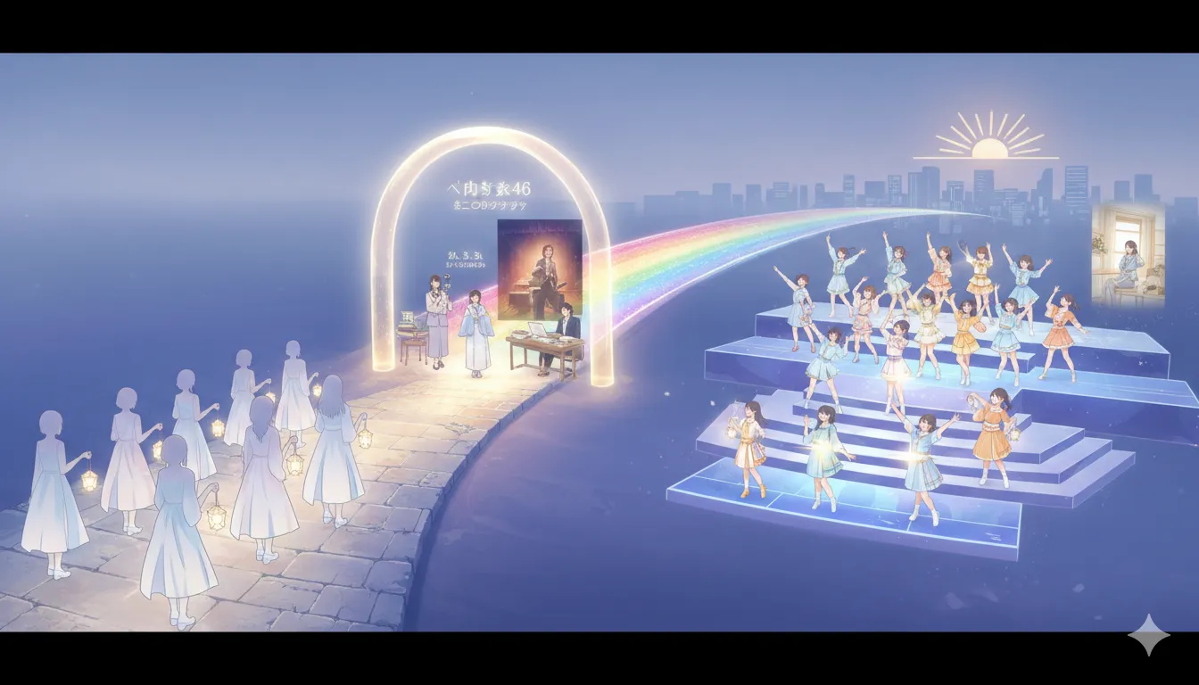 雲の上に架かる虹の橋を渡り、新しいキャリアへと進むアイドルたちを描いたイラスト。左側では、グループを卒業したOGたちが女優や作家、キャスターとしてそれぞれの分野で活躍する様子が描かれ、右側では、現役メンバーがステージでパフォーマンスを披露し、未来へ向かって輝いている。