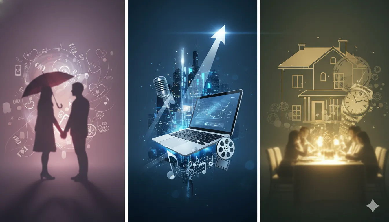 深澤辰哉さんの恋愛の噂、多忙な芸能活動、そして家族との温かい関係性を示す抽象的なコラージュ。