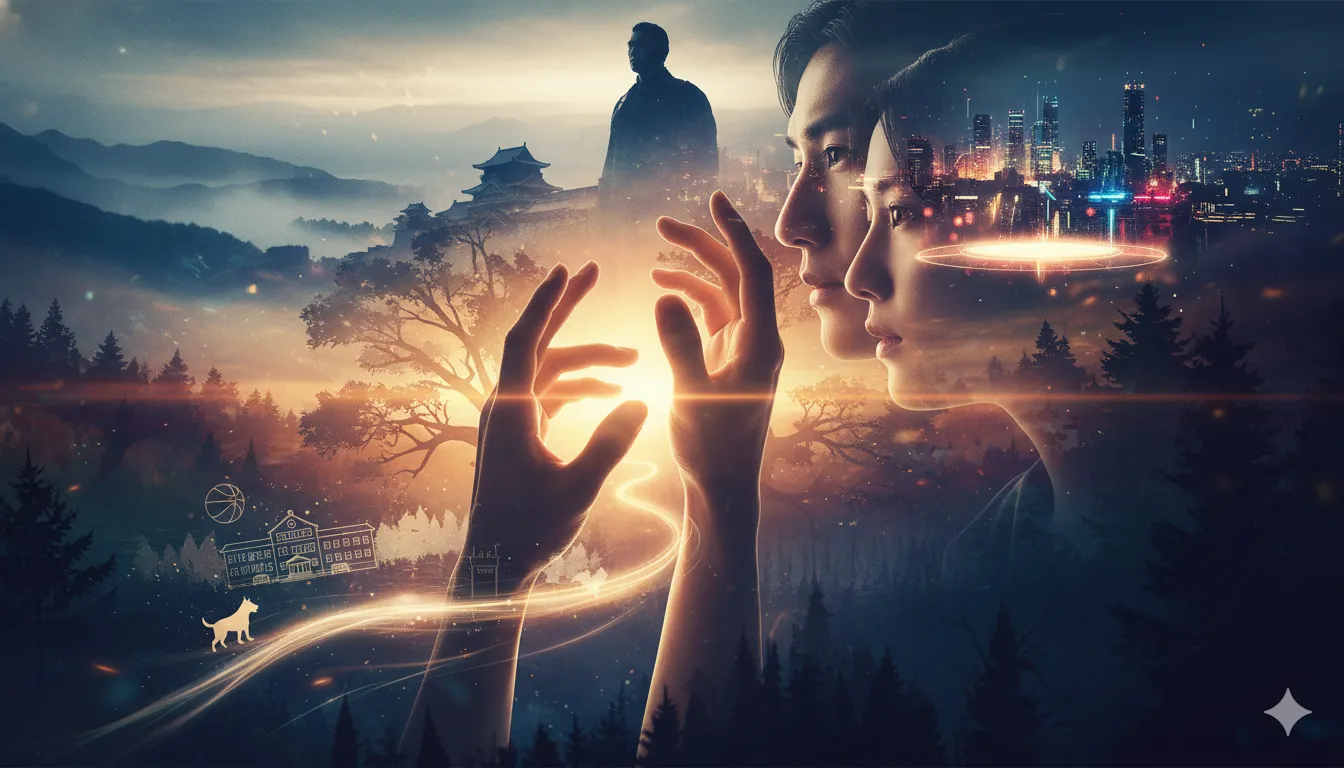 故郷の自然と都市の風景が融合し、金子大地のこれまでの道のりと未来への期待を象徴する幻想的なコラージュ。二人の人物が並び立ち、彼を支える「手」と、過去の出来事や将来の夢が光の線で描かれている。背景には山々や古城、そして近代的なビル群が広がっている。