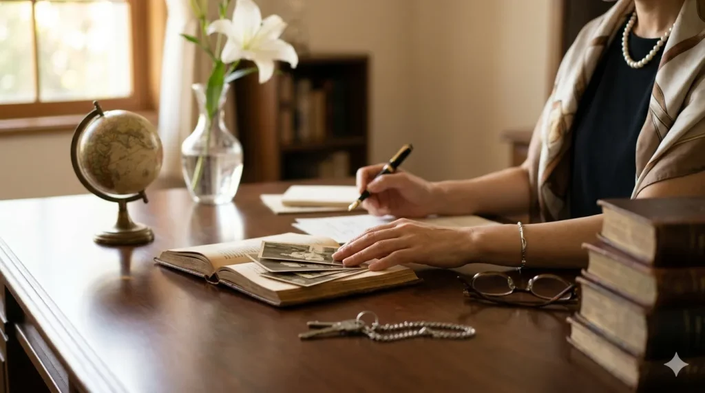 クラシックな木製デスクに置かれた古い家族写真、地球儀、万年筆、そして白い百合の花。名門校出身の知性と、海外赴任の多い家庭で育った豊かな生い立ちを象徴する、上品で落ち着いた書斎の風景。