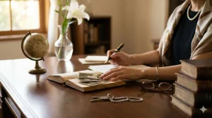 クラシックな木製デスクに置かれた古い家族写真、地球儀、万年筆、そして白い百合の花。名門校出身の知性と、海外赴任の多い家庭で育った豊かな生い立ちを象徴する、上品で落ち着いた書斎の風景。