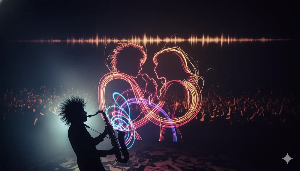 代替テキスト: ライブステージでサックスを演奏するミュージシャンのシルエットと、その背後に光の線で描かれた男女ツインボーカルの幻想的なイメージ。床には古いレコードジャケットが散らばり、上部には音波の視覚化が光る。