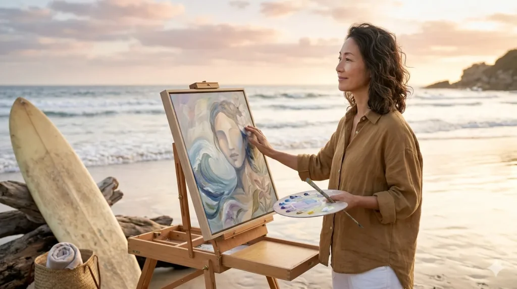 夕暮れの海岸でキャンバスに向かい、幻想的な女性のポートレートを描く日本人女性の姿。傍らにはサーフボードが置かれ、多才で自立したライフスタイルを象徴する穏やかな情景。