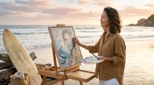 夕暮れの海岸でキャンバスに向かい、幻想的な女性のポートレートを描く日本人女性の姿。傍らにはサーフボードが置かれ、多才で自立したライフスタイルを象徴する穏やかな情景。