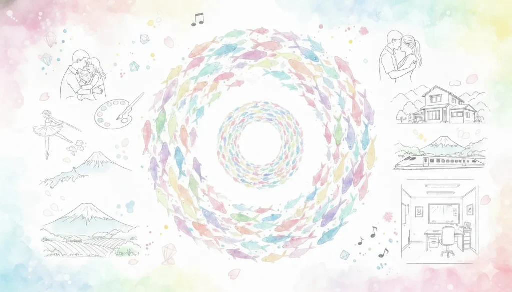 水彩画風の淡い色彩で描かれた抽象的なイラスト。中央には、様々な色が混じり合った魚の群れが円を描いて泳いでいる。その周りには、富士山とお茶畑、新幹線、アトリエのような部屋、抱き合うカップル、家、音符、バレリーナ、パレットと筆が、水彩の淡い背景に柔らかく描かれている。