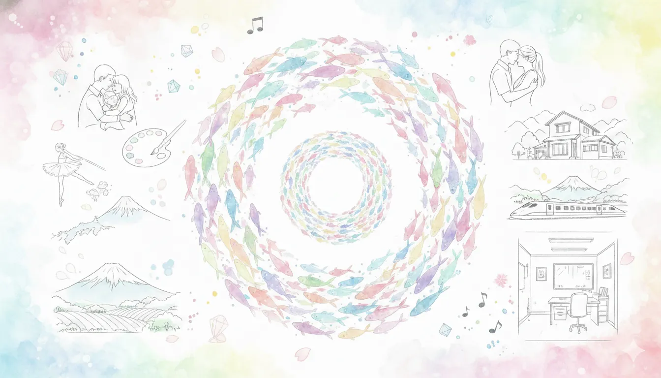 水彩画風の淡い色彩で描かれた抽象的なイラスト。中央には、様々な色が混じり合った魚の群れが円を描いて泳いでいる。その周りには、富士山とお茶畑、新幹線、アトリエのような部屋、抱き合うカップル、家、音符、バレリーナ、パレットと筆が、水彩の淡い背景に柔らかく描かれている。