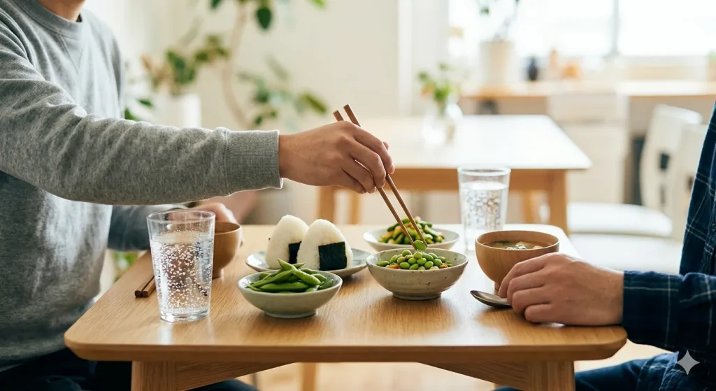 健康的な生活改善を目的とした、野菜、おにぎり、味噌汁、炭酸水などの和食の食卓