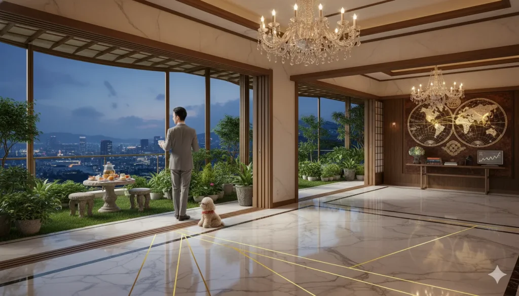 広々とした大理石のエントランスと、テラスから夜景を望む男性の後ろ姿。隣には小さな犬が座り、室内には豪華なシャンデリアと世界地図が飾られている。