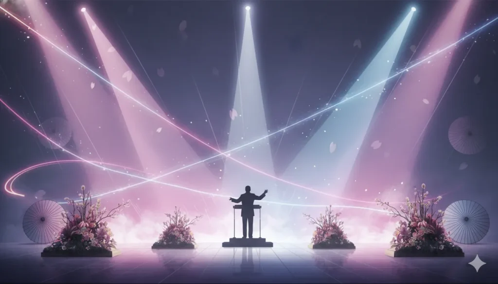 ステージ上で指揮を執る人物のシルエット。色とりどりのスポットライトが交差し、桜の花びらが舞う幻想的な空間。