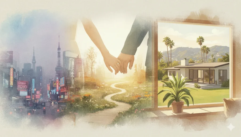 過去と現在が交差する情景。左側には高層ビルや東京タワーがそびえ立つ日本の都市風景が広がり、右側にはヤシの木が立ち並ぶロサンゼルスの住宅街が見える。中央には手を取り合う二人の姿があり、二つの風景が結びつく様子が描かれている。