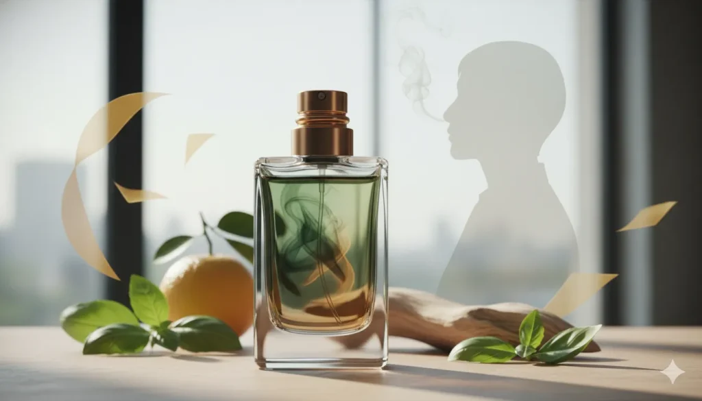 洗練されたデザインの香水ボトルが中央に置かれ、その周りにはユズの果実とバジル、そして木片が配置されています。背景には窓越しの都市の景色が広がり、男性の横顔のシルエットが香水の香りを表現するかのように薄く浮かび上がっています。