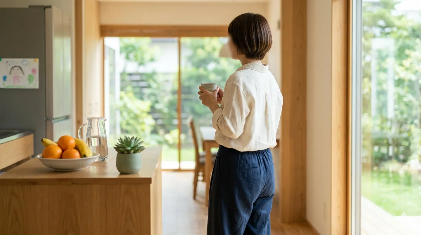明るい日差しが差し込む清潔感のあるキッチンで、温かい飲み物を手に持ち、庭を眺めながらリラックスした時間を過ごす日本人女性の背中。テーブルには新鮮なフルーツが置かれ、健康的で穏やかなライフスタイルを象徴する情景。