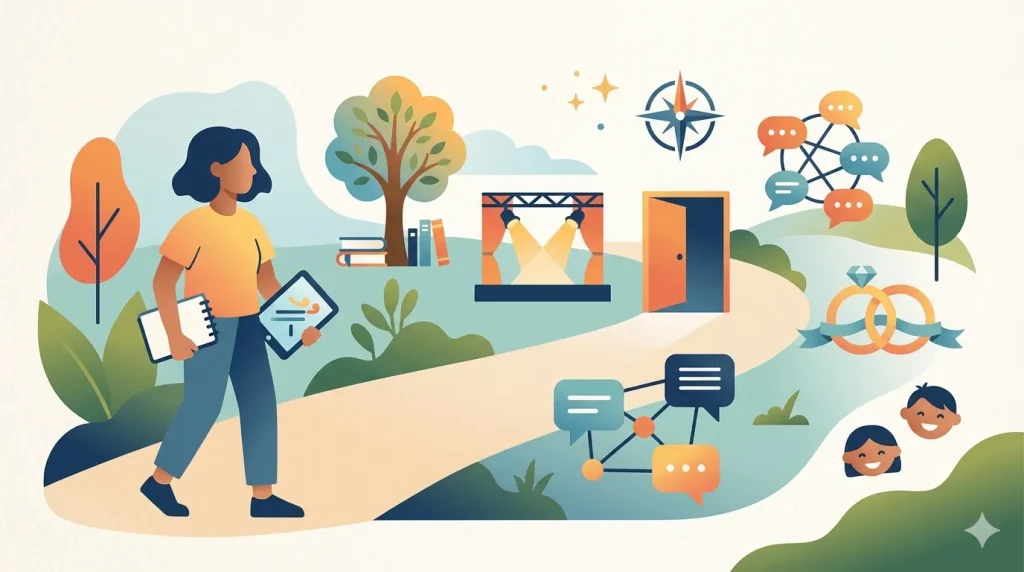 人生の歩みを描いたフラットイラスト。人物が歩く道沿いに、木、書籍、ステージ、方位磁針、チャット、結婚指輪、子供の笑顔のアイコンが並ぶ。