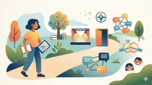 人生の歩みを描いたフラットイラスト。人物が歩く道沿いに、木、書籍、ステージ、方位磁針、チャット、結婚指輪、子供の笑顔のアイコンが並ぶ。