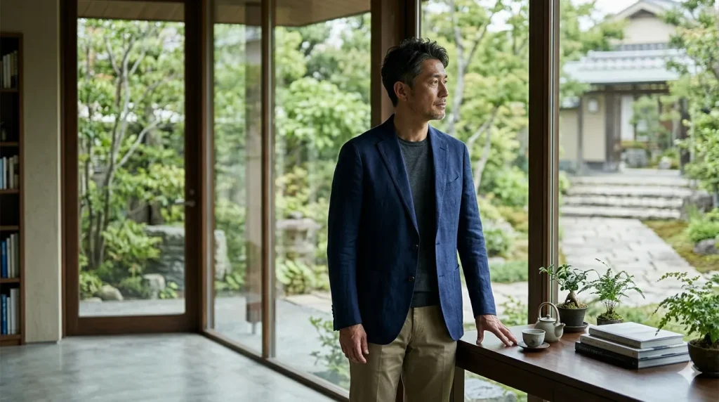 庭園の見える落ち着いた和モダンな部屋で、大きな窓の外を眺めながら静かに佇む、紺色のジャケットを着た架空の日本人男性。