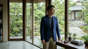 庭園の見える落ち着いた和モダンな部屋で、大きな窓の外を眺めながら静かに佇む、紺色のジャケットを着た架空の日本人男性。