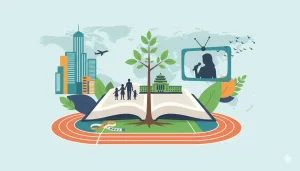 本の上に描かれた、海外の都市、学校、陸上競技場、テレビキャスターのシルエット、家族の姿などが盛り込まれたイラスト。