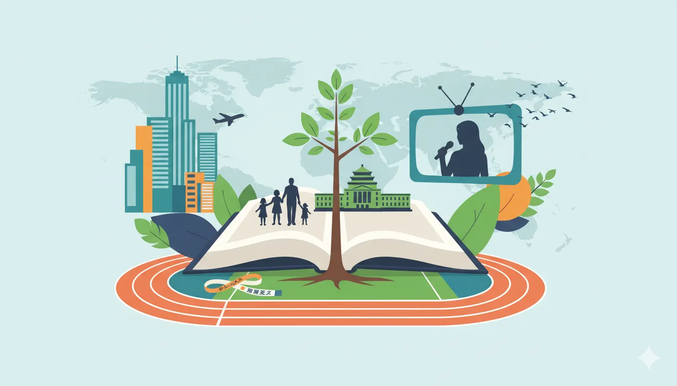 本の上に描かれた、海外の都市、学校、陸上競技場、テレビキャスターのシルエット、家族の姿などが盛り込まれたイラスト。