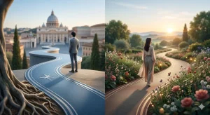 バチカンの大聖堂を遠くに望むモダンな道に立つ男性の背中と、花々が咲く穏やかな自然の中の道を歩む女性の背中を左右に配置した、二人のアーティストの独立と未来への歩みを象徴する抽象的な合成画像。