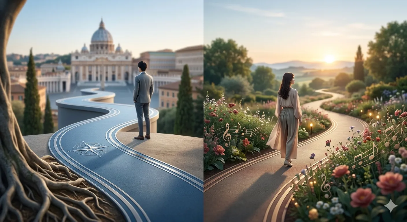 バチカンの大聖堂を遠くに望むモダンな道に立つ男性の背中と、花々が咲く穏やかな自然の中の道を歩む女性の背中を左右に配置した、二人のアーティストの独立と未来への歩みを象徴する抽象的な合成画像。