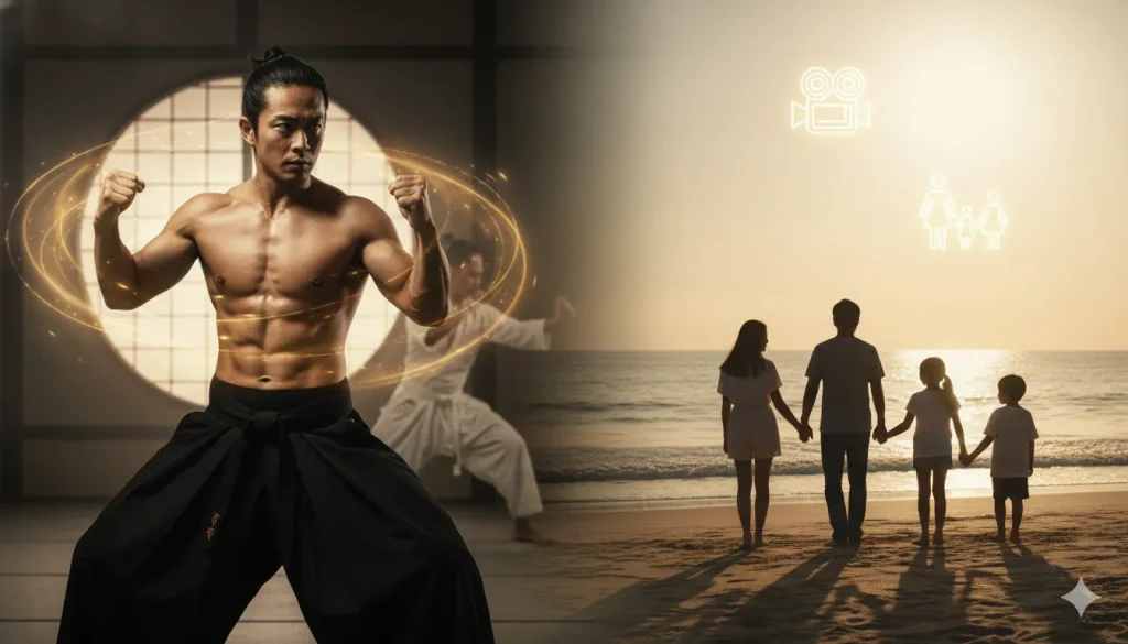 左側には、武道着を身につけ、鍛え上げられた上半身を露わにした男性が、和風の道場で力強く構えています。背景には別の人物が武道の型を取っている姿が見えます。男性の周りには光の輪が輝き、内なる力を表現しています。右側には、夕暮れのビーチで家族が手をつないで立ち、穏やかな海を見つめているシルエットが描かれています。空には映画のフィルムカメラと、手をつないだ家族の光の線画が描かれており、俳優としてのキャリアと家族の絆を象徴しています。