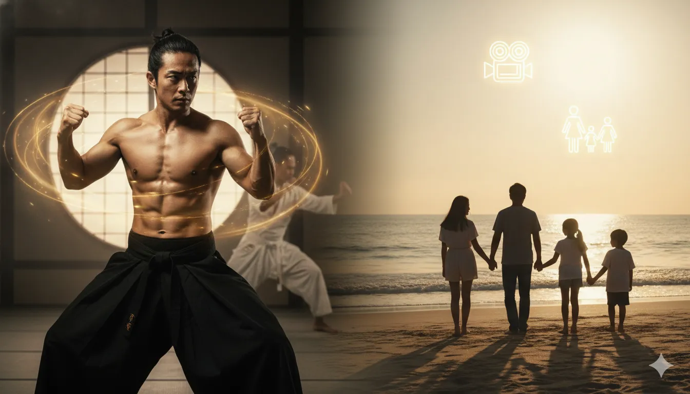 左側には、武道着を身につけ、鍛え上げられた上半身を露わにした男性が、和風の道場で力強く構えています。背景には別の人物が武道の型を取っている姿が見えます。男性の周りには光の輪が輝き、内なる力を表現しています。右側には、夕暮れのビーチで家族が手をつないで立ち、穏やかな海を見つめているシルエットが描かれています。空には映画のフィルムカメラと、手をつないだ家族の光の線画が描かれており、俳優としてのキャリアと家族の絆を象徴しています。