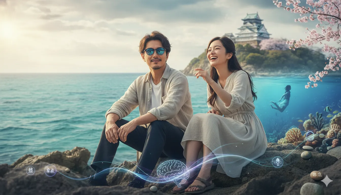海辺で座って微笑む日本人カップル。背景には桜の木と城、そして海中を泳ぐダイバーと脳のホログラムがある。