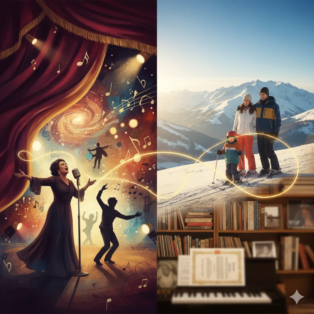 左半分はステージで歌う女性と踊る人々、音符、星が描かれた幻想的なシーン。右半分は雪山でスキーを楽しむ家族の様子と、本棚、ピアノが写る落ち着いた室内。二つの異なるシーンが、曲線で結ばれている。