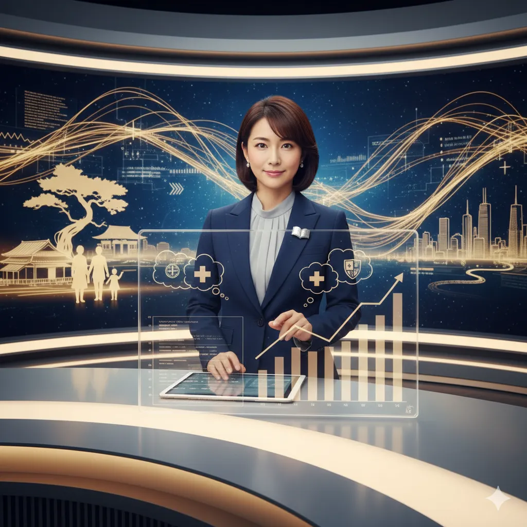 架空の日本人女性キャスターが、未来的なニューススタジオでタブレットを操作し、ホログラムスクリーンに映し出される日本の伝統的な家屋や家族のシルエット、都市のスカイライン、そして成長を示すグラフを背景にしている。女性は紺色のスーツを着用し、自信に満ちた表情で前を見ている。背景には金色の波線状のデータフローが広がり、知性と品格を表現している。