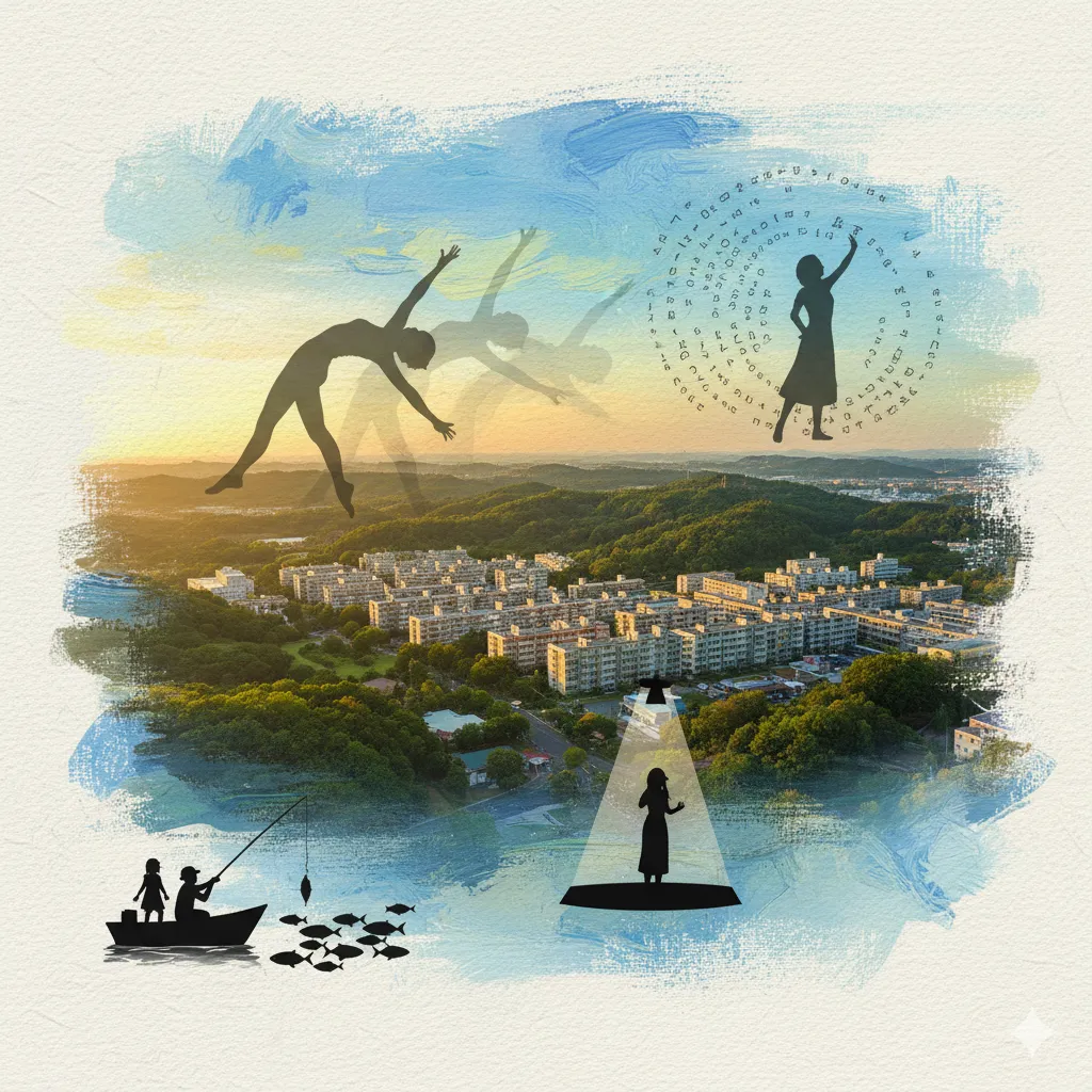夕焼け空の下、緑豊かな秦野市の団地を背景に、体操をする人、舞台に立つ人、家族で釣りをする人のシルエットがコラージュされた、人生の多様なキャリアパスと故郷の風景が描かれた抽象的なイラスト。
